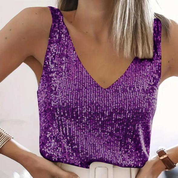 Women‘s Summer Deep V-Neck Sequined Tank Top Stylish Sleeveless Top Sparkly Club Party Vest Blouses