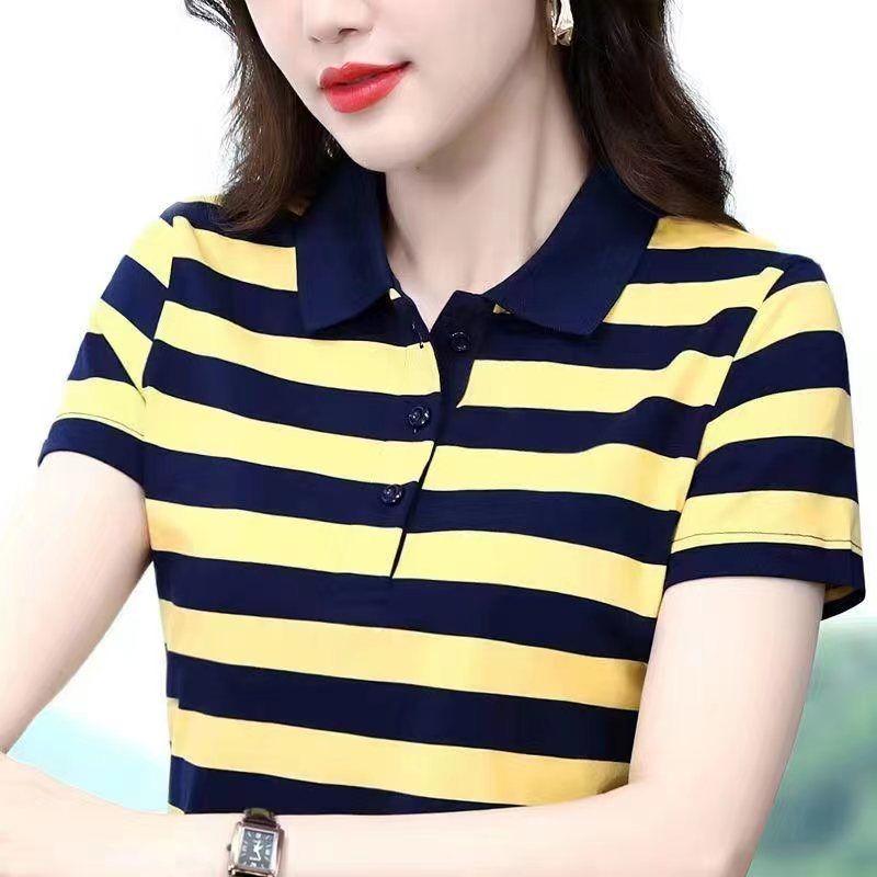 

Женская хлопковая футболка с коротким рукавом 2025 лето новейшая полосатая повседневная спортивная элегантная рубашка-поло с лацканами 4XL