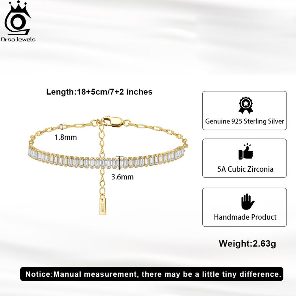 ORSA JEWELS 14K Gold 3.5*1.5mm Emerald Cut Sparkling 5A Cubic Zirconia With PaperClip Chain Tennis Bracelet Retro Present SB215