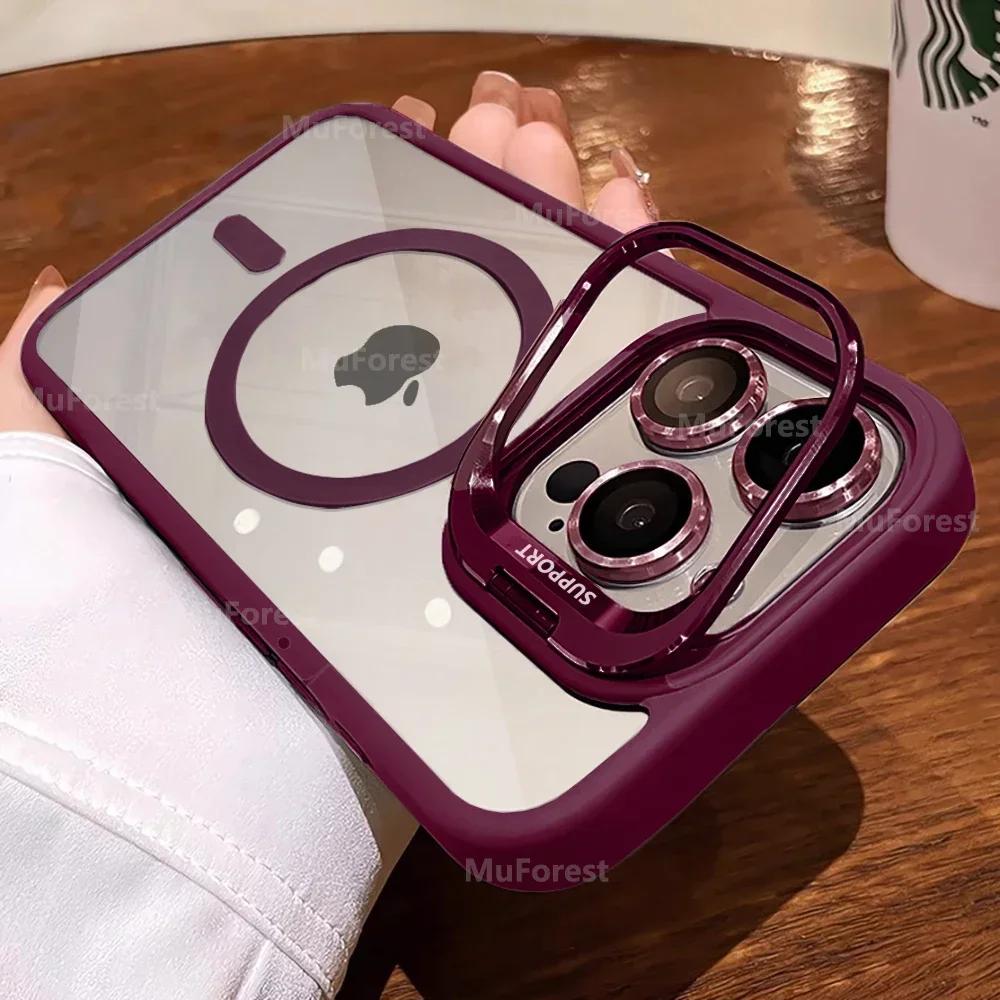 Průhledné kryty pro iPhone 16 15 14 13 12 11 Pro Max Plus Pro Magsafe Magnetický vyklápěcí kryt Stojánek Ochranný kryt objektivu z tvrzeného skla