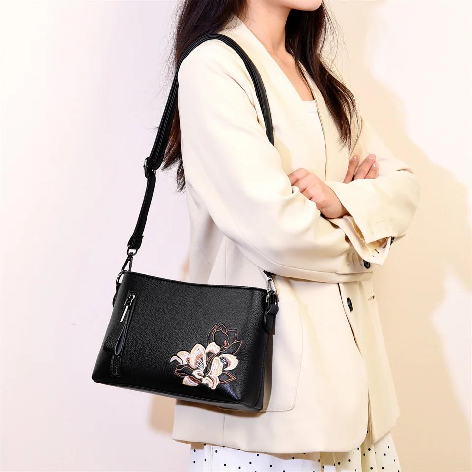 Elegant Floral Embroidered Leather Crossbody Bag for Women Small Shoulder Bag with Zipper Pocket Stylish Practical Design