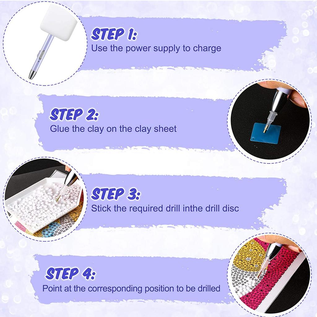 Dažymo grąžtuko rašiklio rinkinys, deimantinio dažymo šviesos rašiklis su 6 keičiamomis rašiklio galvutėmis nagų dailės „pasidaryk pats“ amatininkams