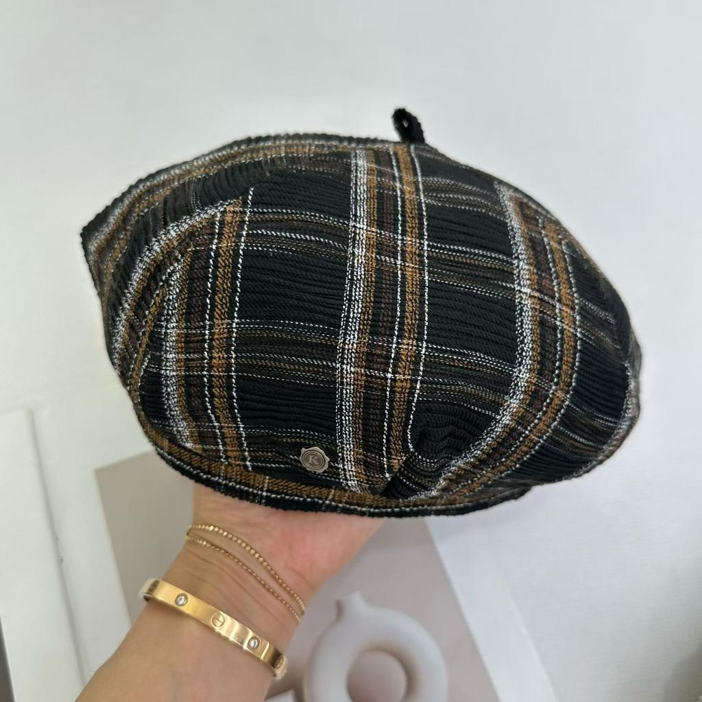Retro Plaid Pumpkin Hat Octagonal Hat Shows a Small Face, New Versatile Big Version Newsboy Hat Beret Spring and Summer