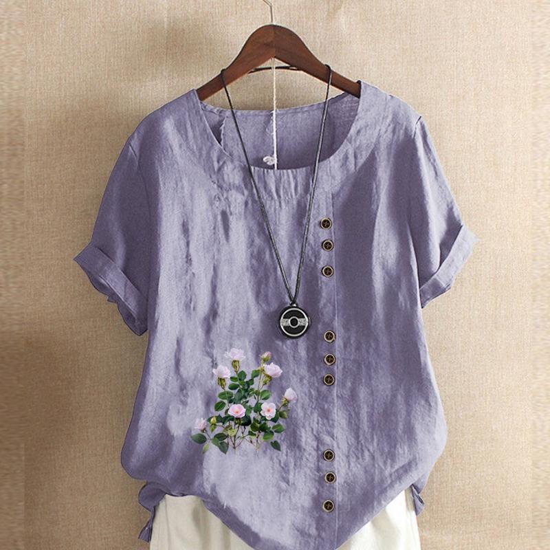 Women's Fashion Flower Prined Round Neck Short Sleeve T-shirt Casual Cotton Linen Graphic Shirt Leisure Loose Summer Blouse Tops