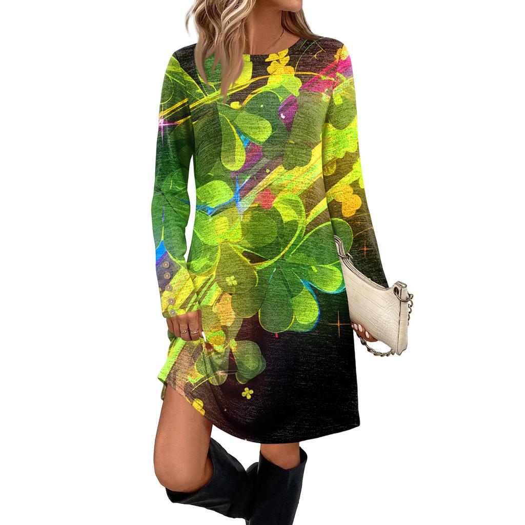 Women's Fashionable Round Neck Long Sleeved St. Patrick's Day Printed Pocket Button Casual Dress