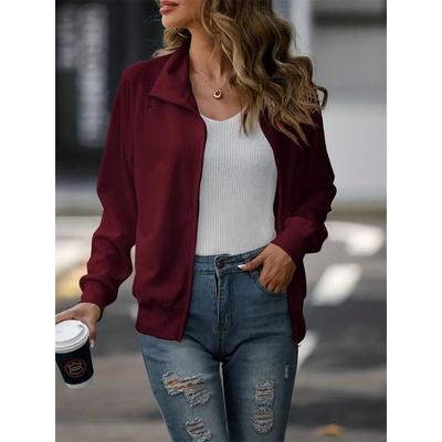 Giacca casual da donna in maglia con risvolto e cerniera, a maniche lunghe, tinta unita, primavera e autunno