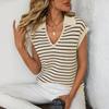 Women's V,neck Knitted Top Casual Striped Sleeveless Lapel Sweater