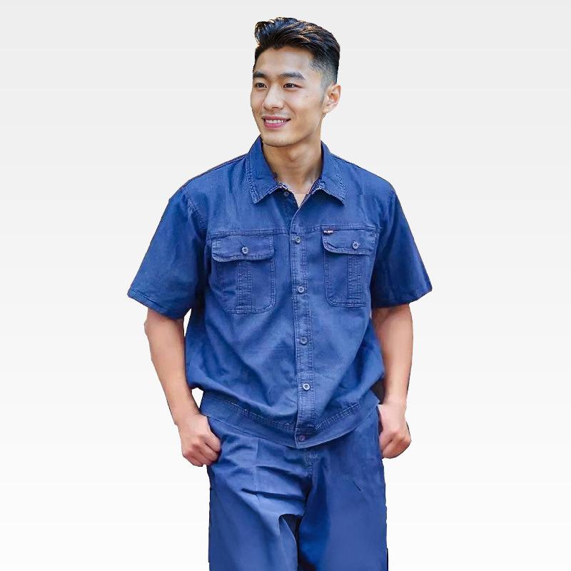 Labor-protection Denim Workwear Bamboo Fiber Patchwork Woven Long-sleeve Summer Thin Set Men; Durable Abrasion-resistant