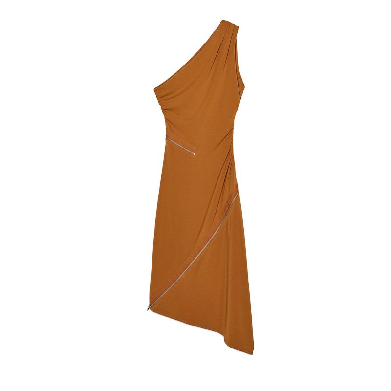 

Women s Spring Clothing French Style Ruched Decoration Diagonal Collar Sleeveless Zipper Ornament Asymmetric Dress 4886003 Orange color L