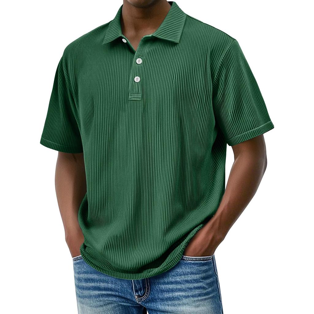 Pánské letní jednobarevné pruhované texturované volné tričko s krátkým rukávem a knoflíkovým límečkem