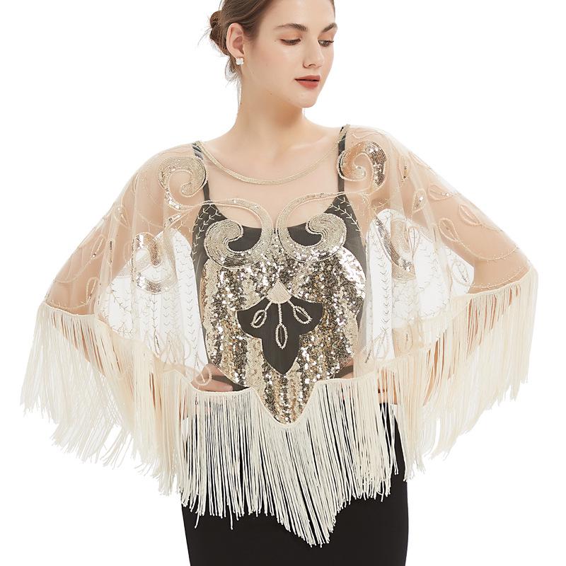 Mesh Sequin Tassel Shawl Evening Gown Strapless Wedding Dress with Elegant Beaded Cape Cover-up