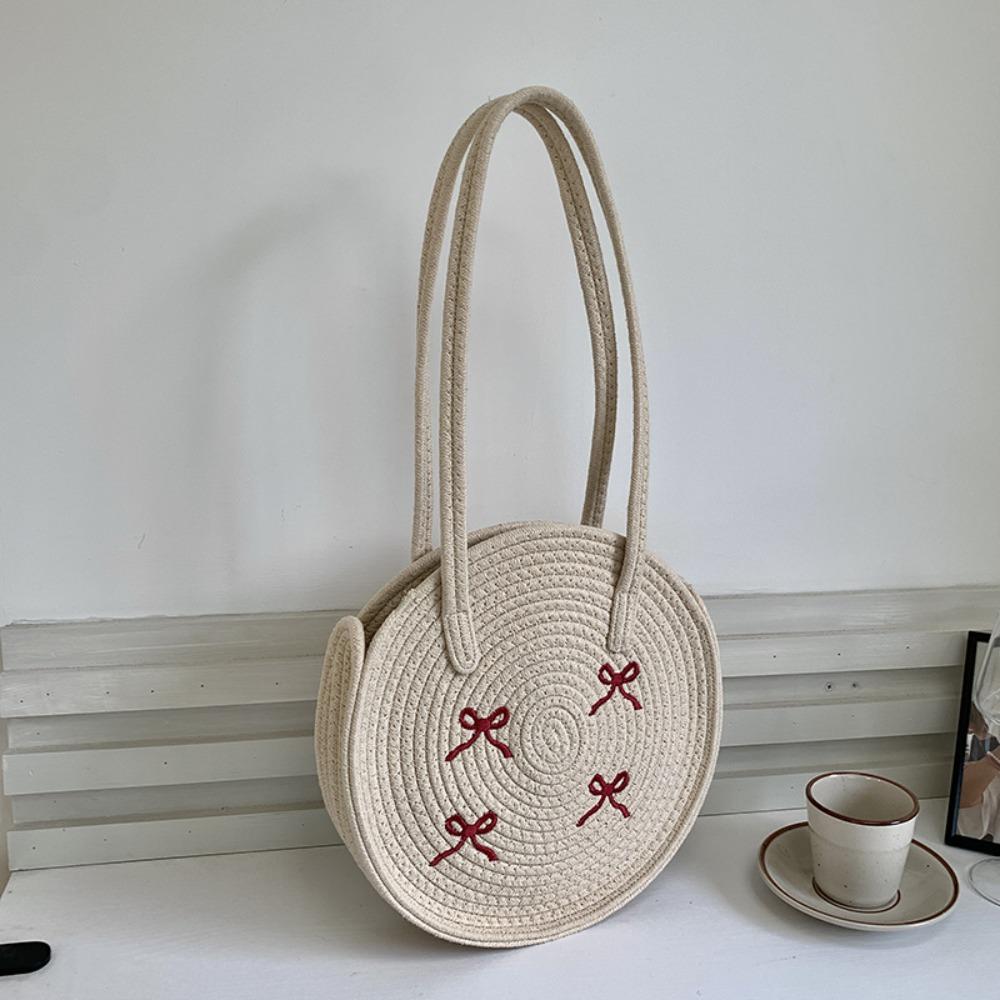 

Bohemian Round Straw Bag Cotton Weave Beach Bag Portable Embroidered Bow Shoulder Bag Picnic Style 2