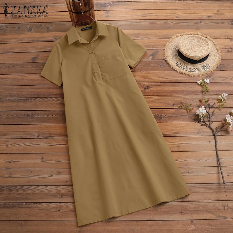 ZANZEA Vestido camisero casual de manga corta con cuello vuelto para mujer