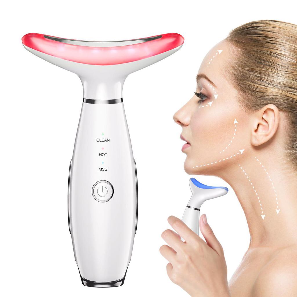 Tri-Color EMS Neck & Face Massager for Women – Heated Vibration Beauty Device