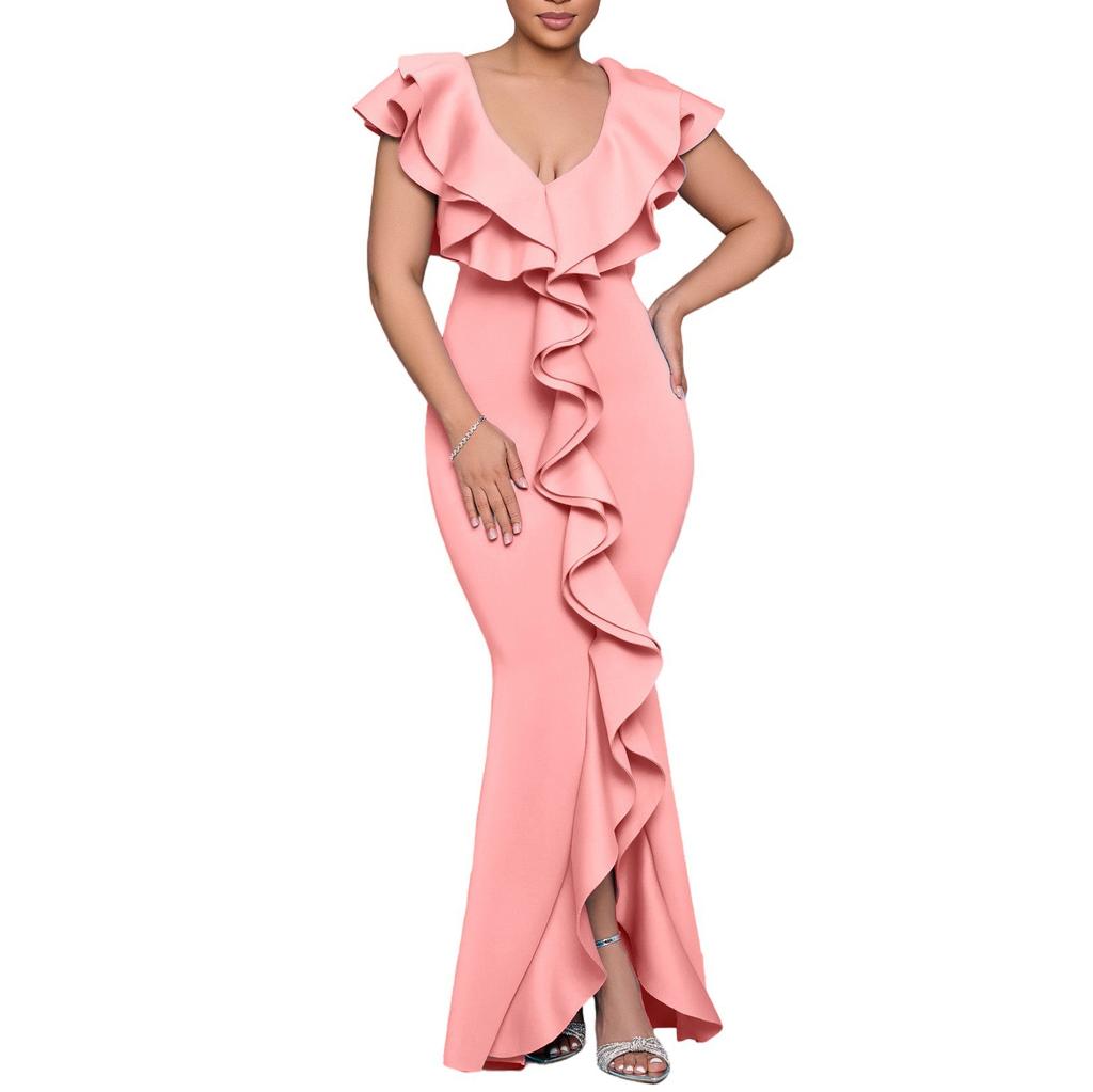 C8634 European and American Cross-border Fashion Women's Clothing Amazon Summer Dress Solid Color V-neck Ruffle Edge Split Harpoon Tail Skirt Long 