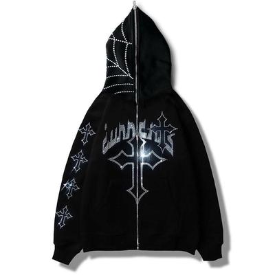 Men Y2K Fashion Hoodie Rhinestones Letter Graphics Print Zip Hoodie Clothes Hoodies Goth Long Sleeve Sweatshirt Oversized Top