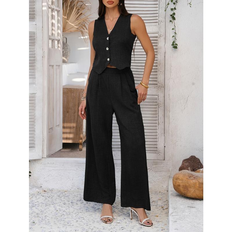 Casual Vacation Solid Color Vest Wide-leg Trousers Set