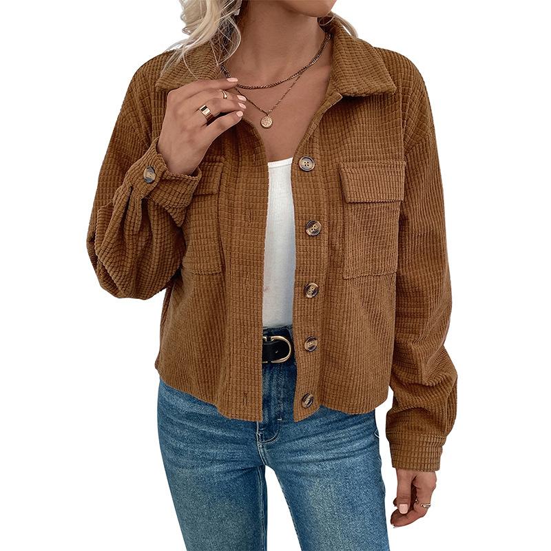 Women's Autumn and Winter Corduroy Retro Brown Cardigan Pocket Jacket Women