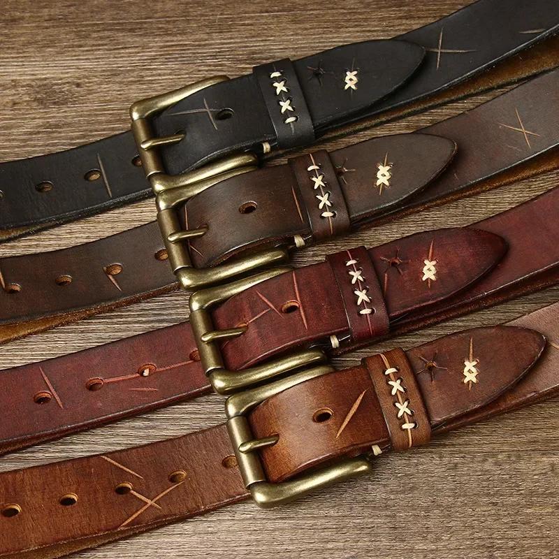 3,8 CM Männer Hohe Qualität Echtes Leder Gürtel Luxus Designer Messing Pin Schnalle Gürtel Reinem Rindsleder Vintage Strap Männlich Jeans für Mann