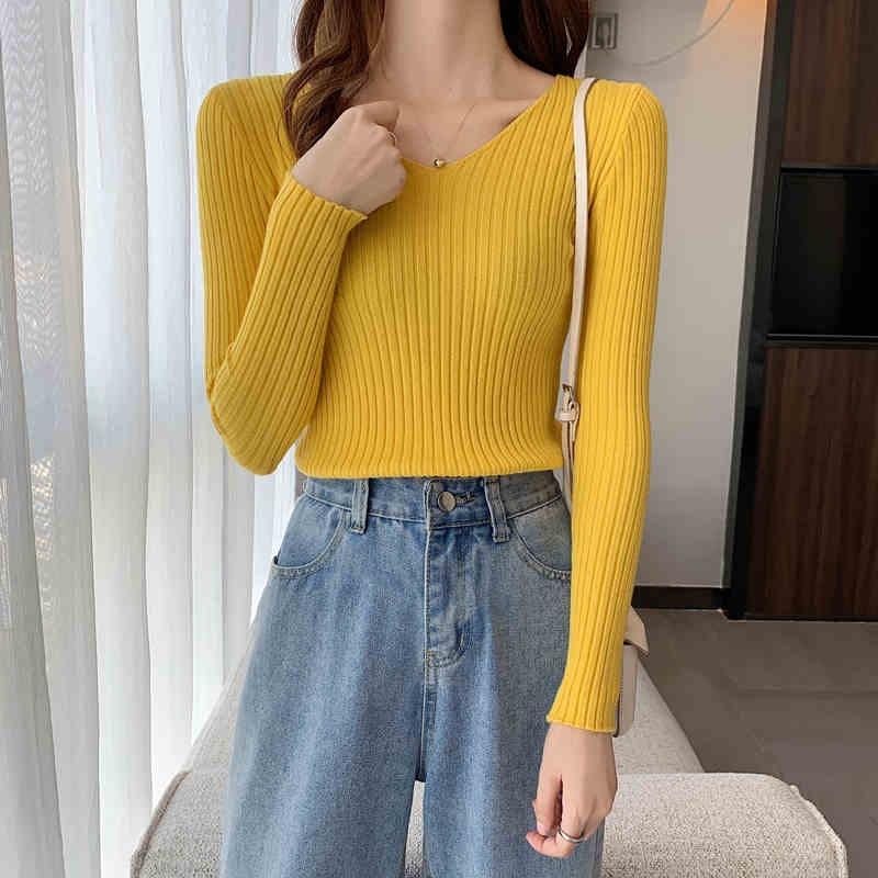 Autumn and Winter New Slim Fit V-neck Pullovers Sweaters Women Long Sleeve Base Knitted Sweater for Women Fashion Solid Casual Knitwear Jumpers 25671