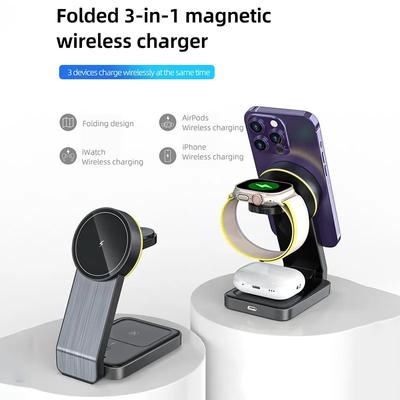 Estación de carga inalámbrica magnética 3 en 1, cargador plegable inalámbrico rápido de 15w para Iphone 14, 13, 12, Iwatch, Airpods