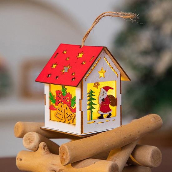 Yousheng Wooden Christmas Decor with LED Light 3D Carved Hanging Wood Star/Village House/Bell/Gift Box Ornament for Xmas Tree Decor