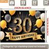 2D 30th Happy Birthday Backdrop, Black Background with Golden Number 30 and Balloons