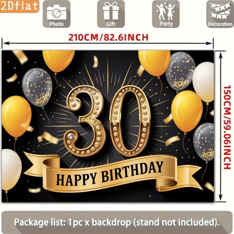 2D 30th Happy Birthday Backdrop, Black Background with Golden Number 30 and Balloons