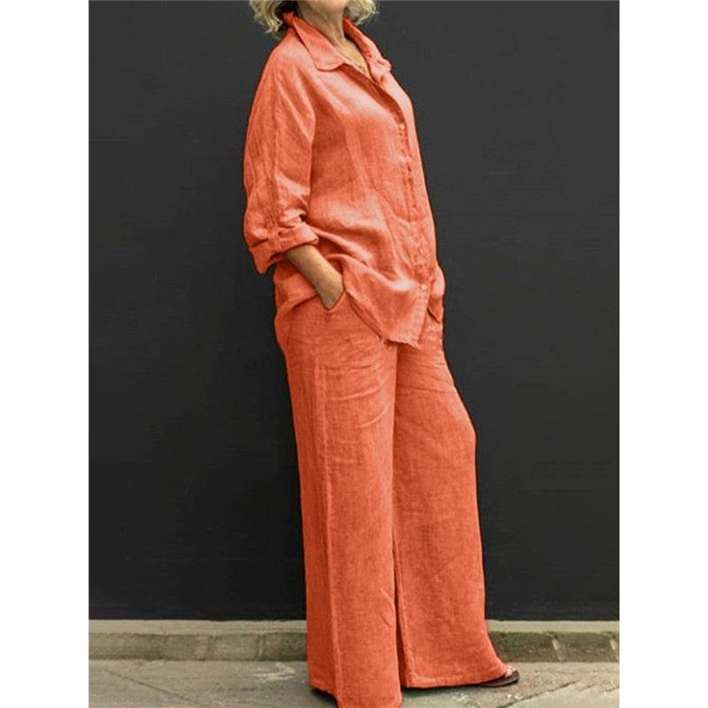 Women's Linen 2-Piece Outfit, Button Down Shirt & Wide Leg Pants Casual Loungewear Set