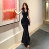 Red bud feminine halter dress slim fit sexy French collar new national style temperament fish tail dress long dress