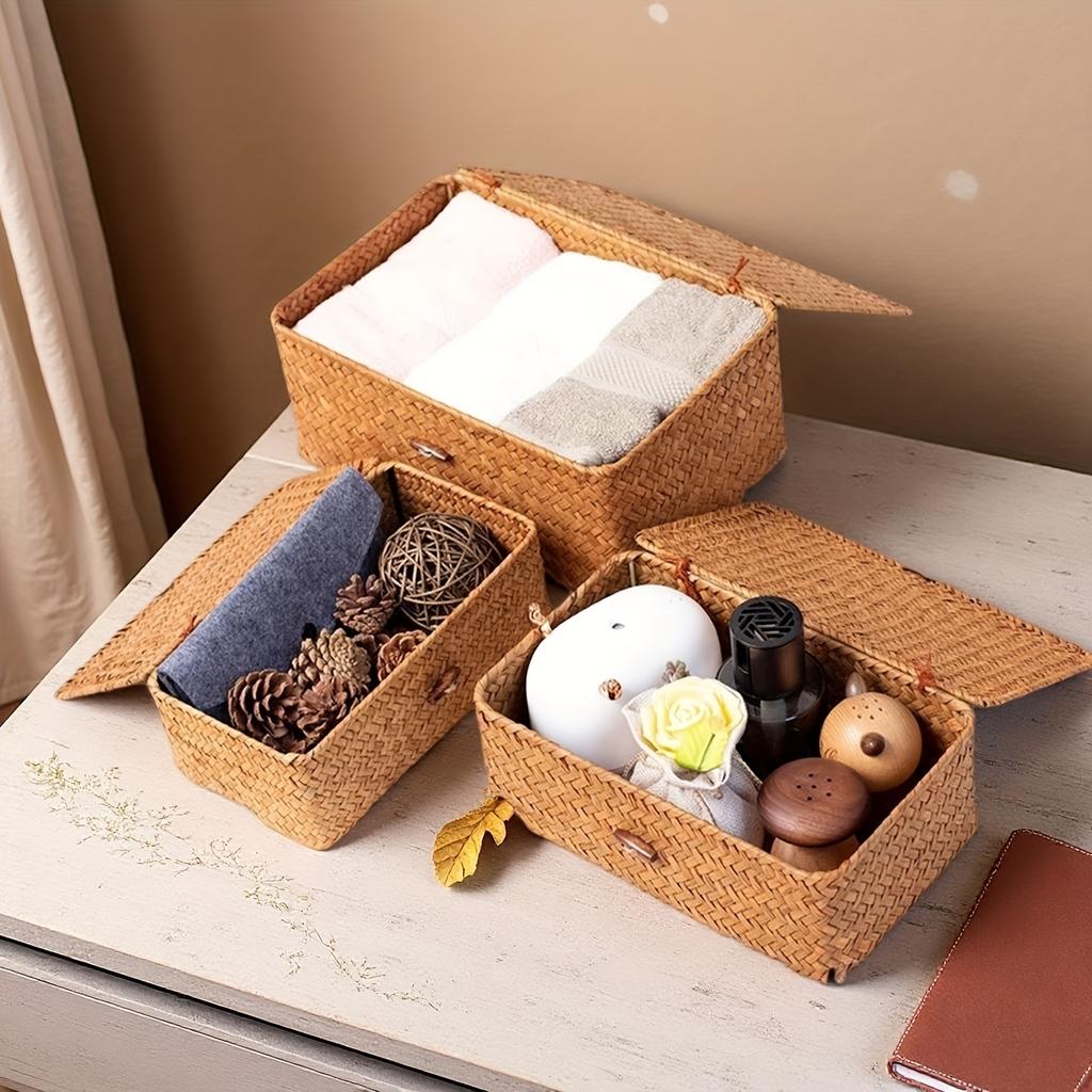 Vintage Handgewebter Aufbewahrungskorb, Geschenk-Aufbewahrungsbox, Schreibtisch-Kleinteile-Aufbewahrungsbox, Aufbewahrungskorb mit Schnalle und Deckel