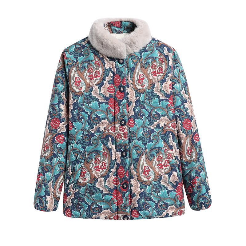 Colorful Fleece-Lined Winter Jacket for Elderly Women - Thickened, Warm Cotton Coat