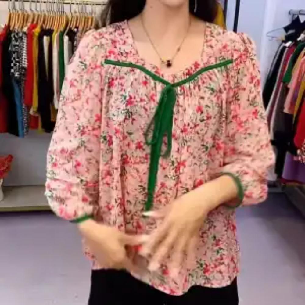 

Елегантна сорочка з квадратним коміром, зав язкою на шнурку, стильний принт, вільний жіночий одяг, весна-літо, рукав 3/4, з плісованими вставками XXL рожевий