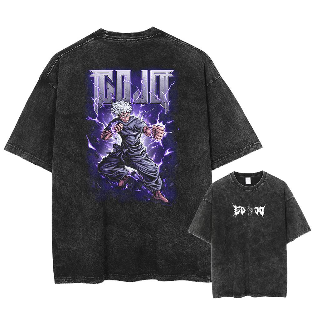 Japan Anime Jujutsu Kaisen Gojo Satoru Print Washed Tshirt Men High Quality Cotton T-shirts Manga Casual T Shirt Harajuku Tops