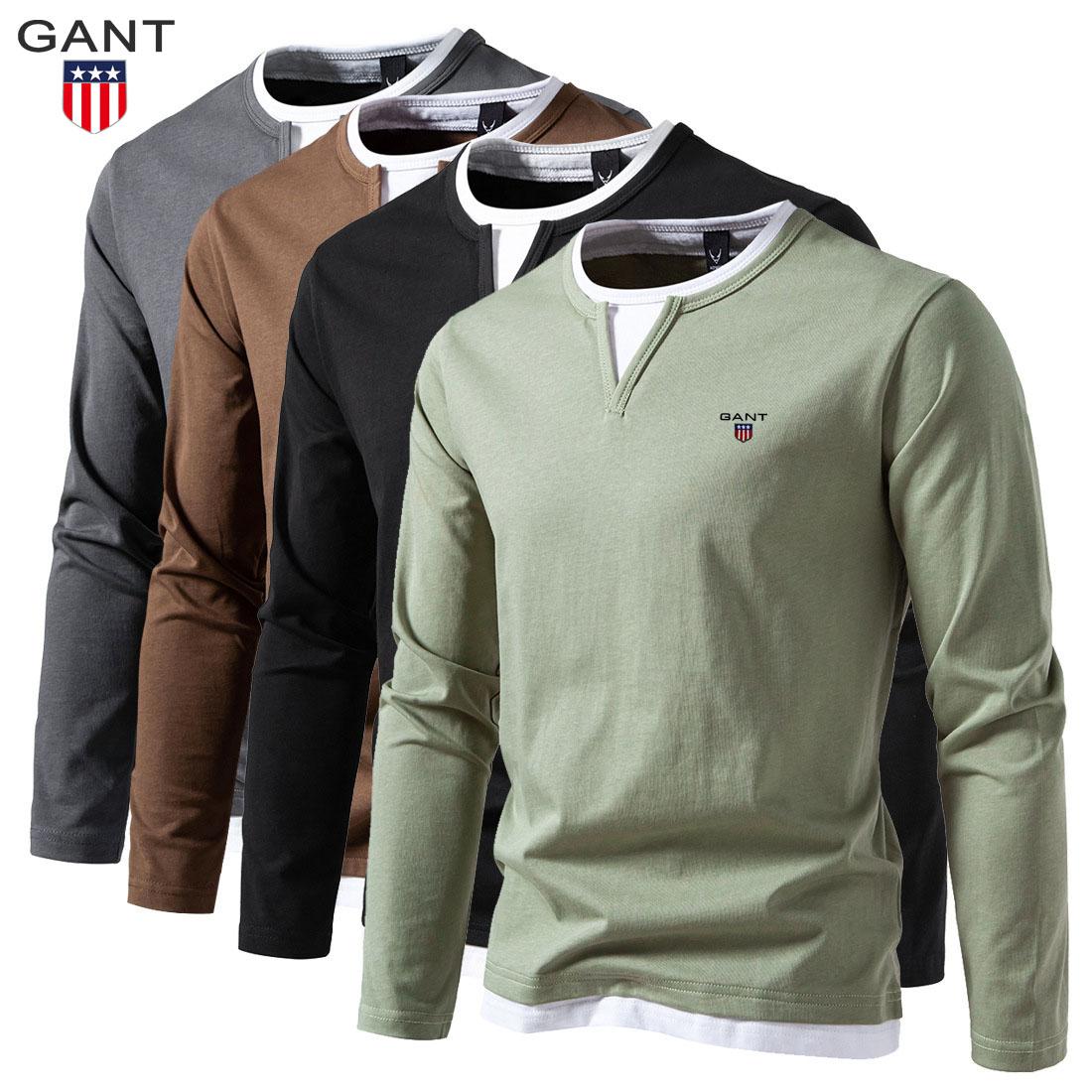 

GANT Autumn New Embroidered Men s Double-layer V-neck Long Sleeved T-shirt, Fashionable and Casual Base T-shirt, Men s Top XXL