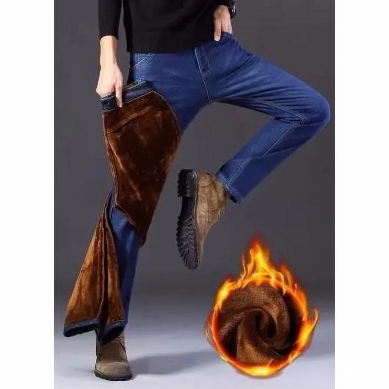 Herr Höst Vinter Jeans Fleecefodrade Förtjockade Raka Ben Lös Passform Kalla Utomhuskläder