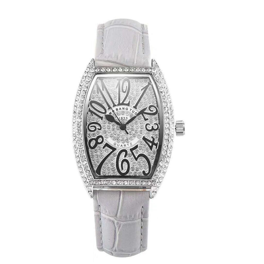 Voll Diamant Digitales Zifferblatt Mode Damen Armbanduhr Weinfass Lederarmband Studenten Trend Uhr