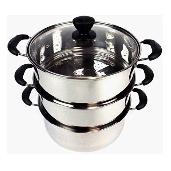 Konan Original Stainless Steel 3-Tier Steamer Pot with Glass Lid, 26cm (For Direct Flame Use) KHM05-2037