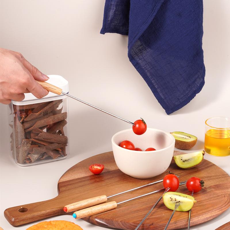 6 Pcs Fondue Fork Grilling Set Muddler Reusable Fruit Forks Bbq Fork Dipping Plastic/Wood + Stainless Steel For Cocktails Set