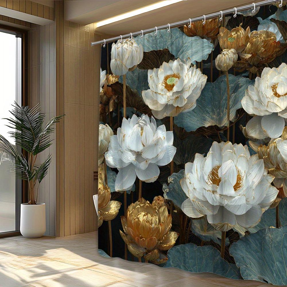 1 Piece Luxury White and Gold Lotus Shower Curtain - Delicate Petals and Dark Green Leaves Design, Polyester Fabric with Hooks