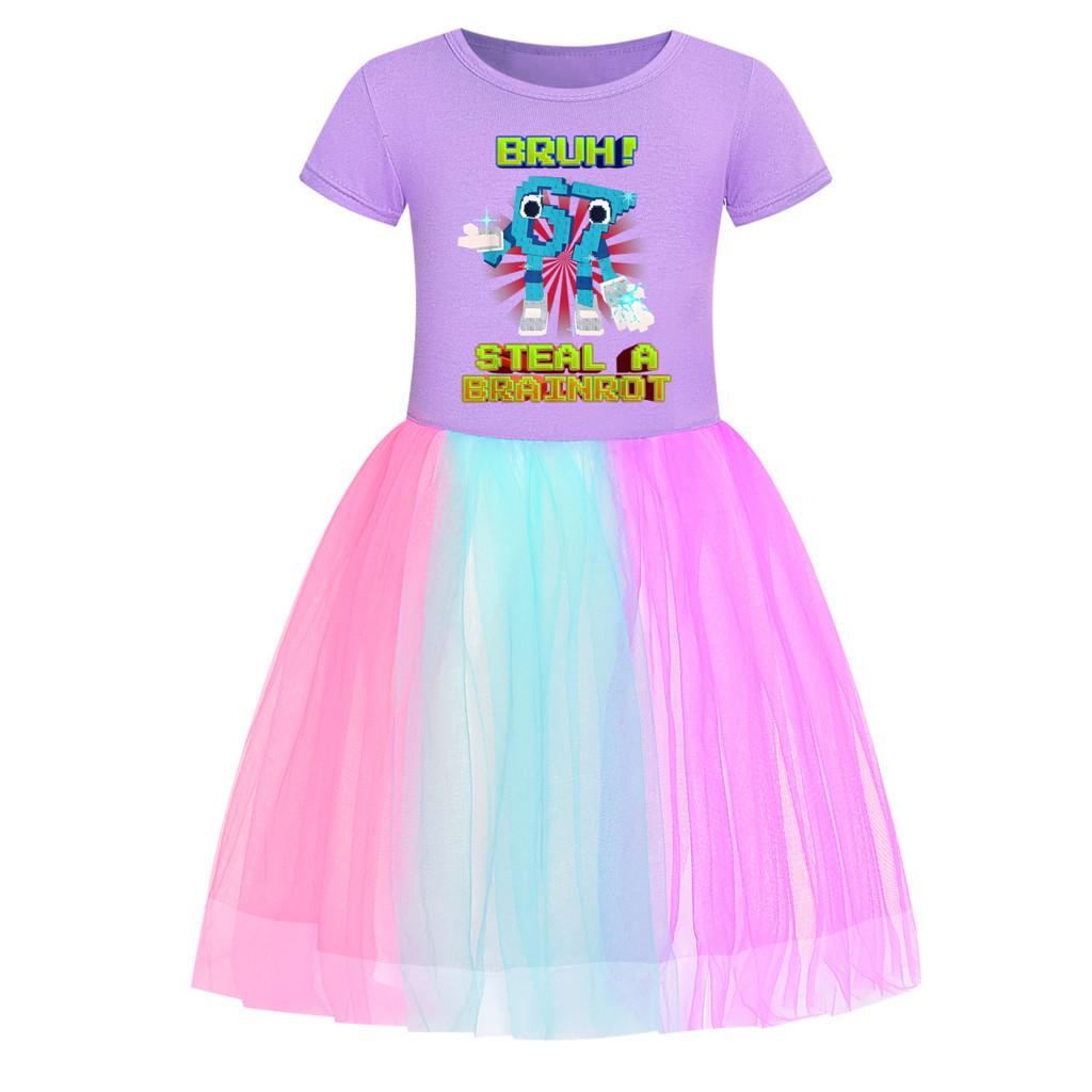 5194 Kinder Mädchen Steal a Brainrot 67 Six Seven Print Mesh Regenbogen Rundhals Lässig Lässig Baumwollkleid