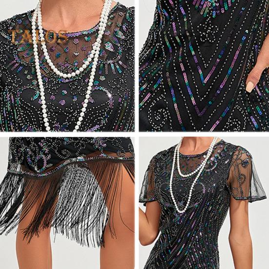 Ballkleid für Damen im Vintage-Stil, mit hohler Spitze, Quaste und Pailletten-Dekor, durchsichtig, runder Halsausschnitt, kurze Ärmel, schmale Passform, Reißverschluss auf der Rückseite, Cocktailparty