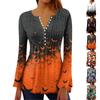 Women's Halloween Print V-Neck Long Sleeve T-Shirt with Sleeves and Pleated Button Front