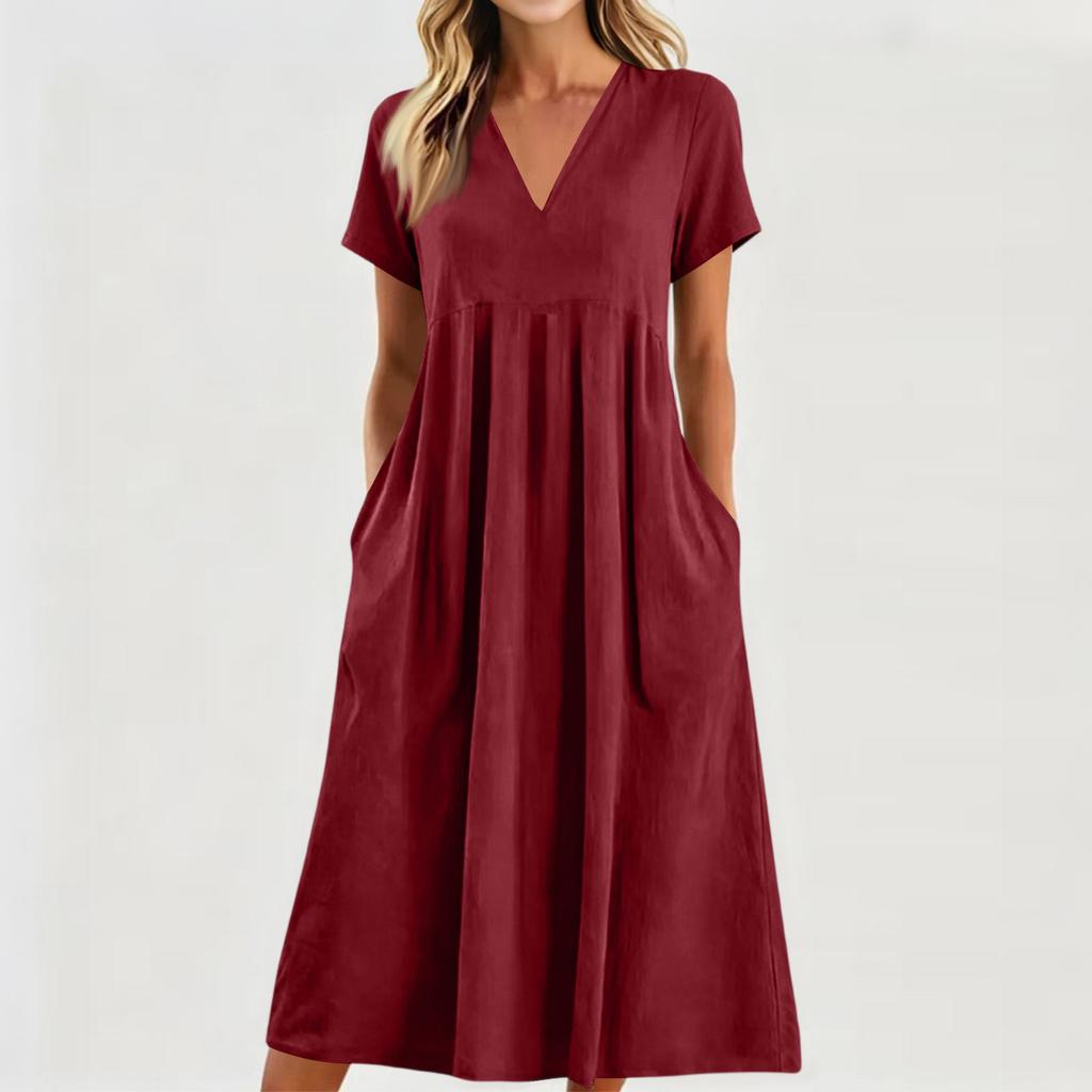Robe midi décontractée confortable en tissu léger pour femme, col en V, manches courtes, coupe ample, avec poches, robe d'été