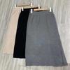 Women Midi Skirt High-Waisted Solid Color Casual Style Knitting Skirt Autumn Winter Side Split Hem Skirt Versatile Daily Wear