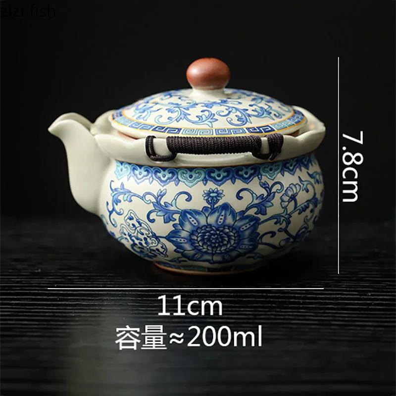 Blue and White Ru Kiln Hand-held Teapot Vintage Ceramic Teapot Single Pot Tea Brewing Utensil Kettle Household Kung Fu Tea Set