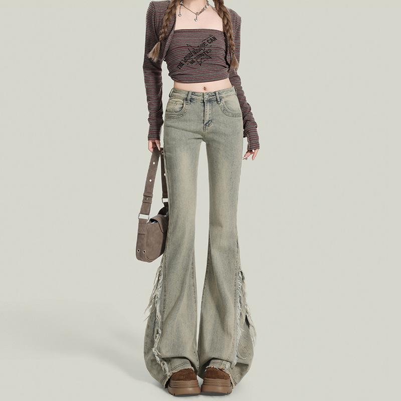 Spring/Summer 2026 Plus Size Retro Frayed Edge Flare Jeans - Women s Slimming Floor-Length Pants XL