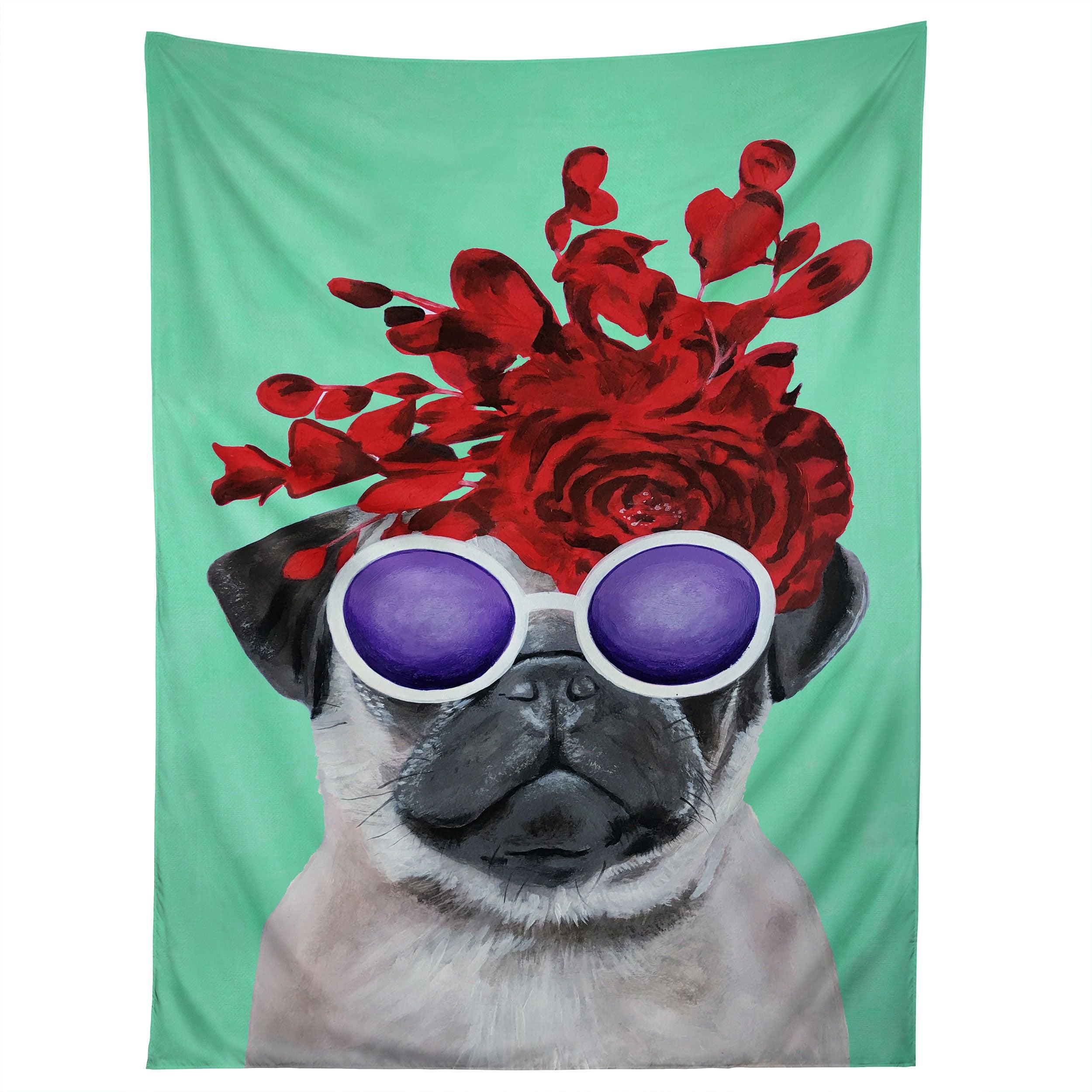FLOWER POWER PUG TURQUOISE tapestry 75x100