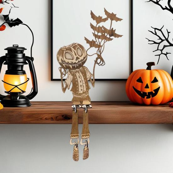 Articulated Pumpkin Man Halloween Decoration Spooky Wooden Pumpkin Skeleton Tabletop Ornament for DIY Home Office Decor