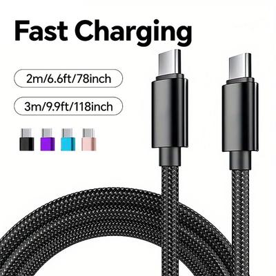 66W 5A Super Fast Charging Cable Nylon Braided USB C To Type C Cord 1m/2m/3m for 15 16 Pro Max Samsung S24 OPPO